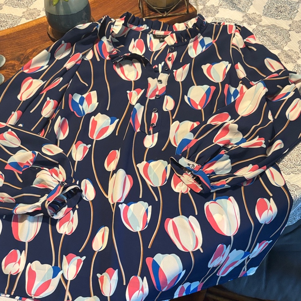 Talbots Navy Floral Tulip-Print Ruffle-Neck Blouse